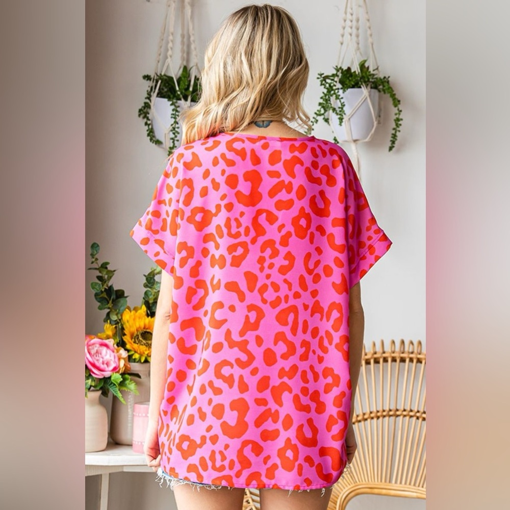 First Love Leopard V-Neck Short Sleeve Woven Top - Picture 2 of 4